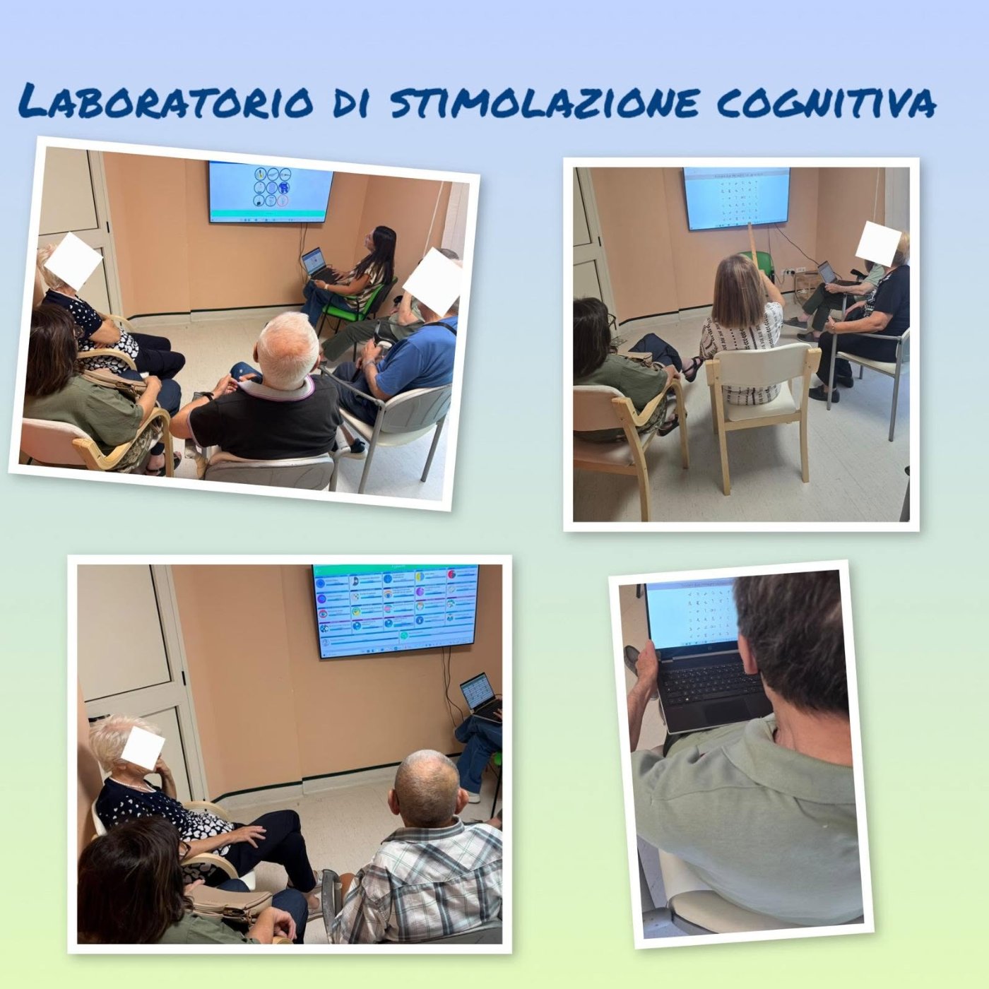 Laboratorio di stimolazione cognitiva al centro mnemé: attività di gruppo davanti allo schermo